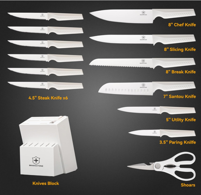Knife Sets for Kitchen with Block, 15 Pcs Kitchen Knife Set with Block Self Sharpening, Dishwasher Safe, Anti-slip handle, White