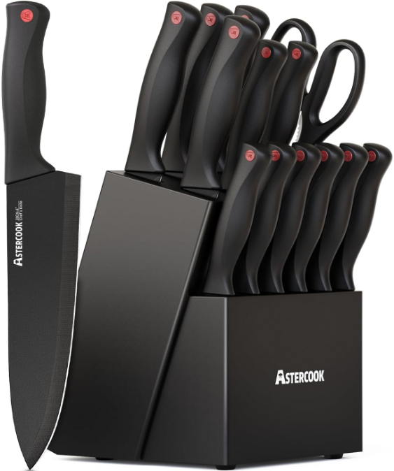 15 Piece Knife Set with Sharpener Block - German Stainless Steel, Dishwasher Safe Kitchen Knives with Built-In Sharpener, Black
