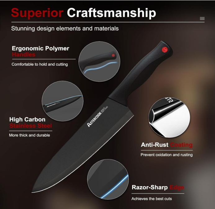 15 Piece Knife Set with Sharpener Block - German Stainless Steel, Dishwasher Safe Kitchen Knives with Built-In Sharpener, Black