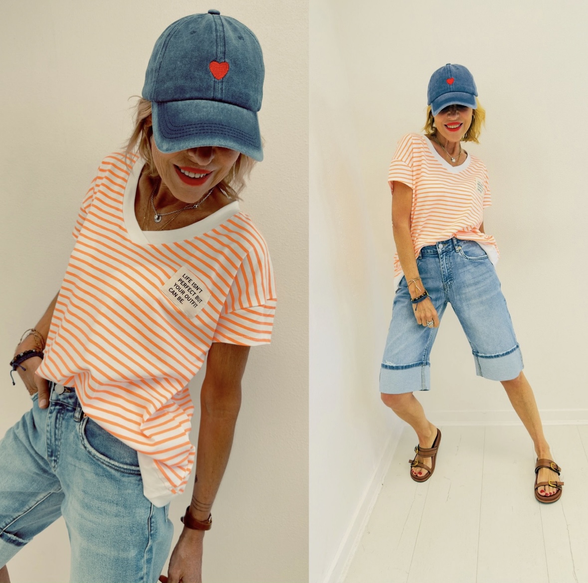 T-shirt rayé orange et blanc