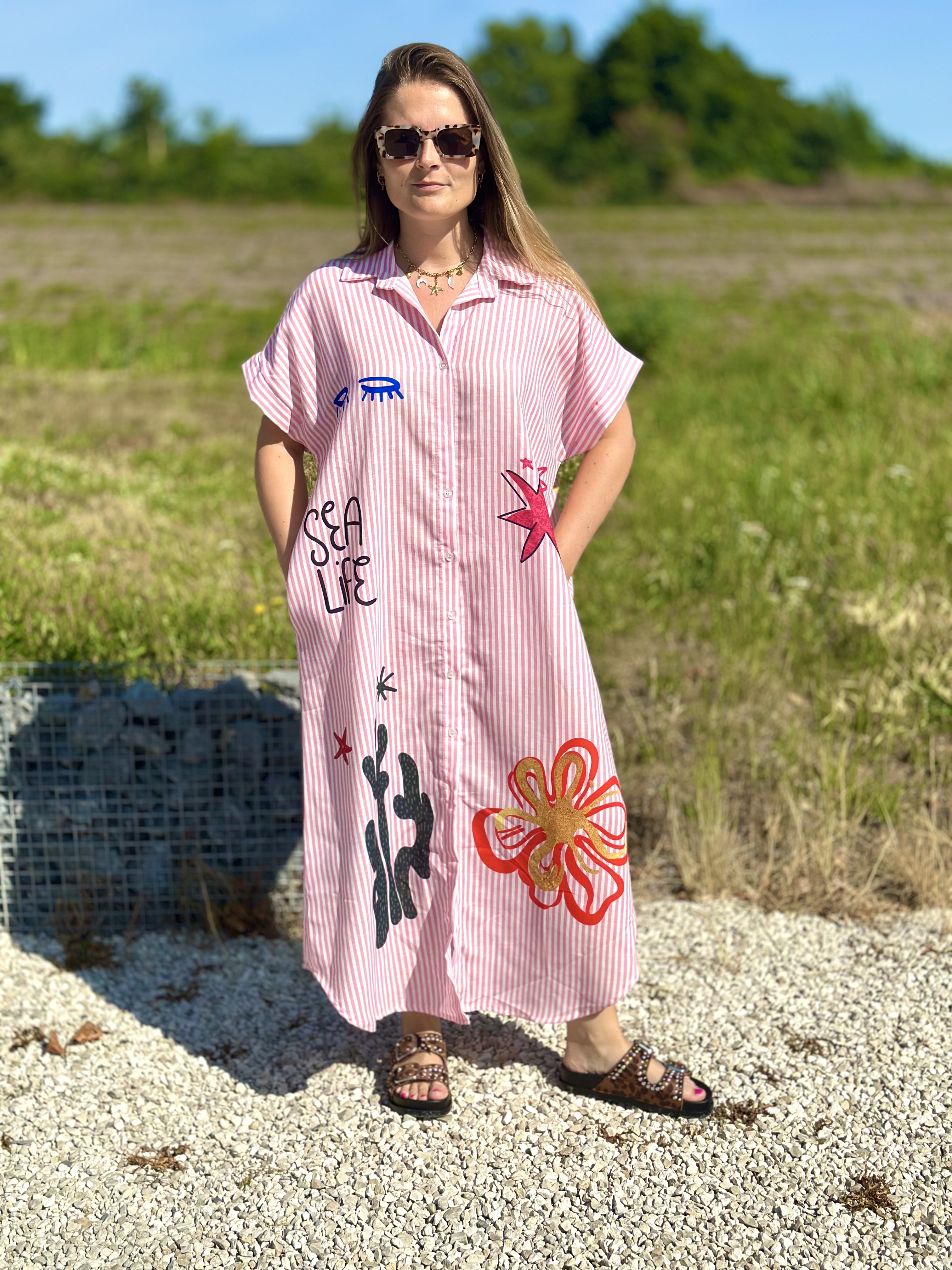 Robe chemise rayée brodée