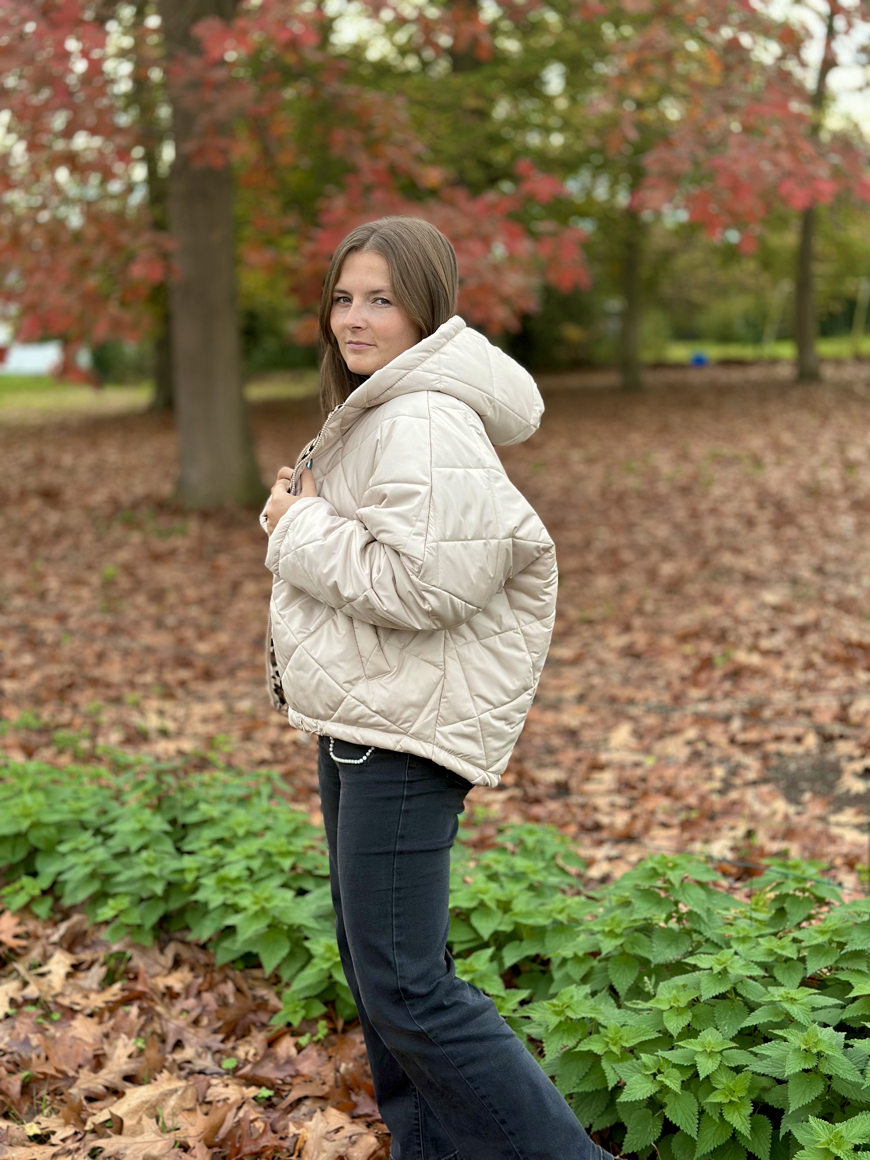 Veste matelassée beige à motifs léopard