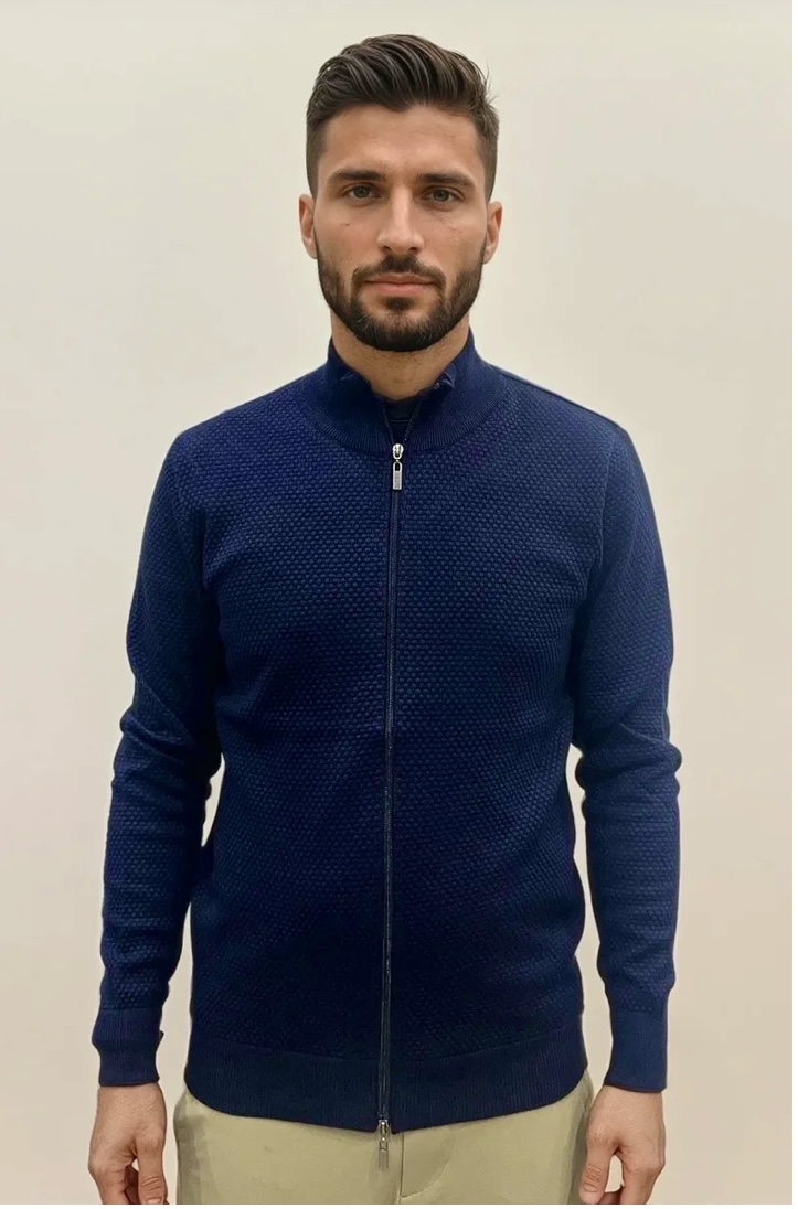 Cardigan zippée bleu marine  en maille texturée