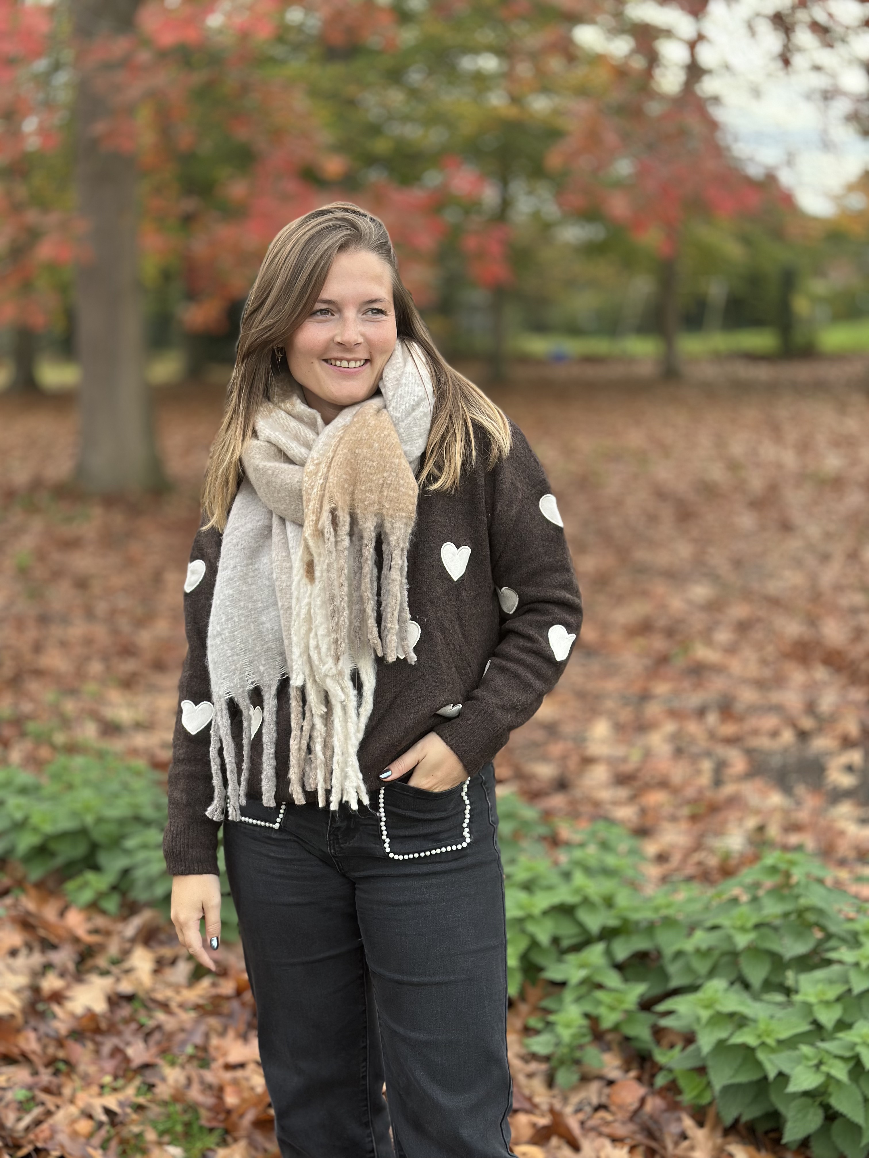Pull chocolat avec motifs cœurs