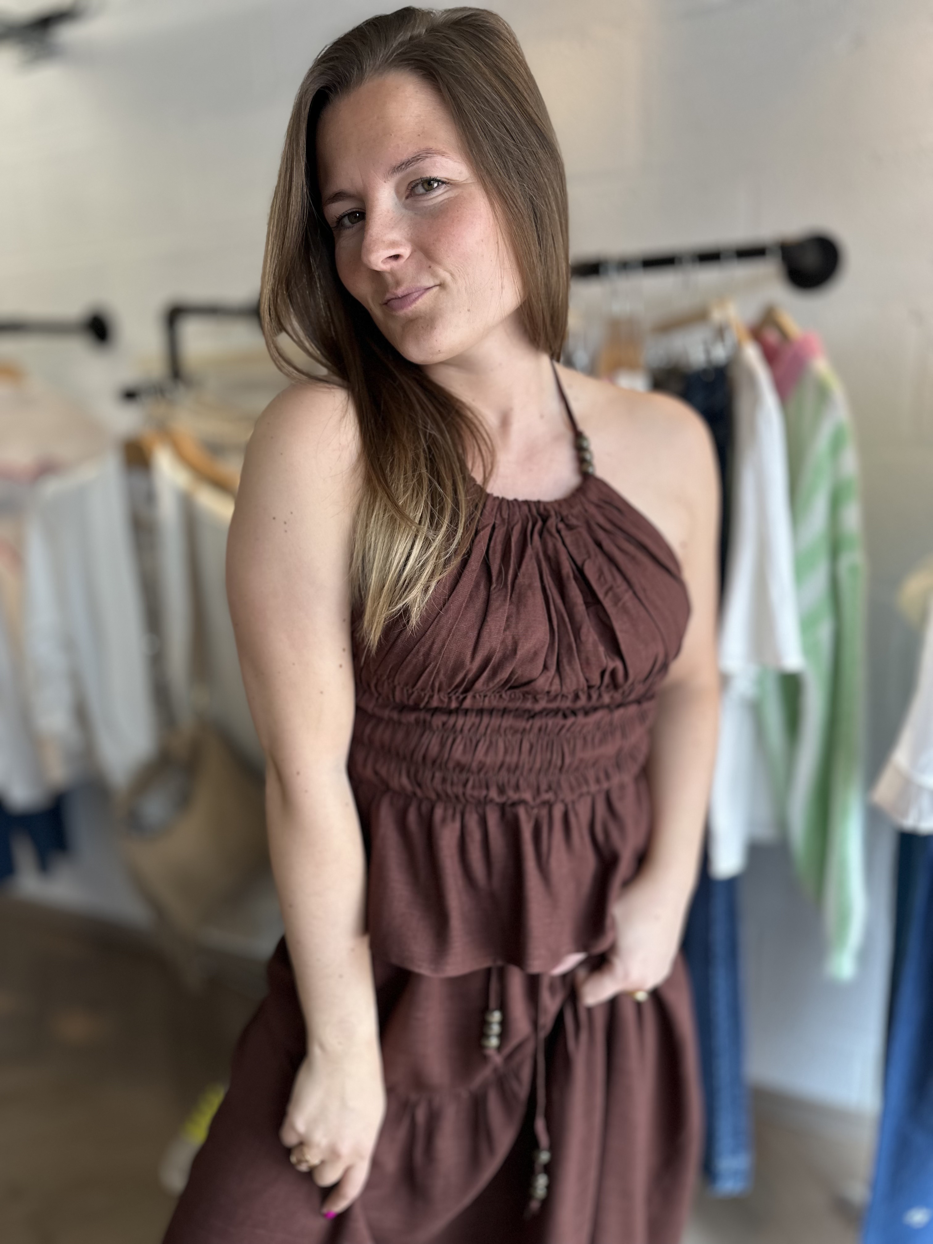 Top choco en lin dos nu perlé