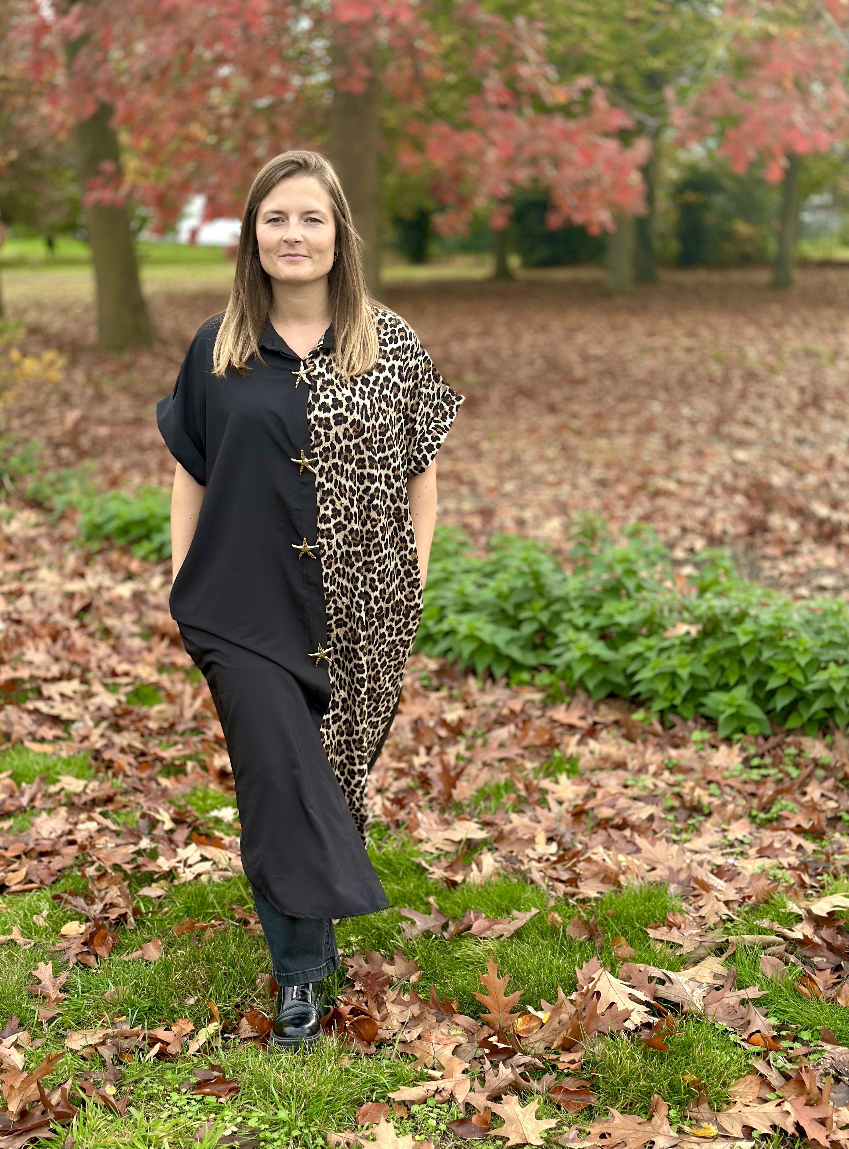 Robe chemise bicolore à imprimé léopard, GT.