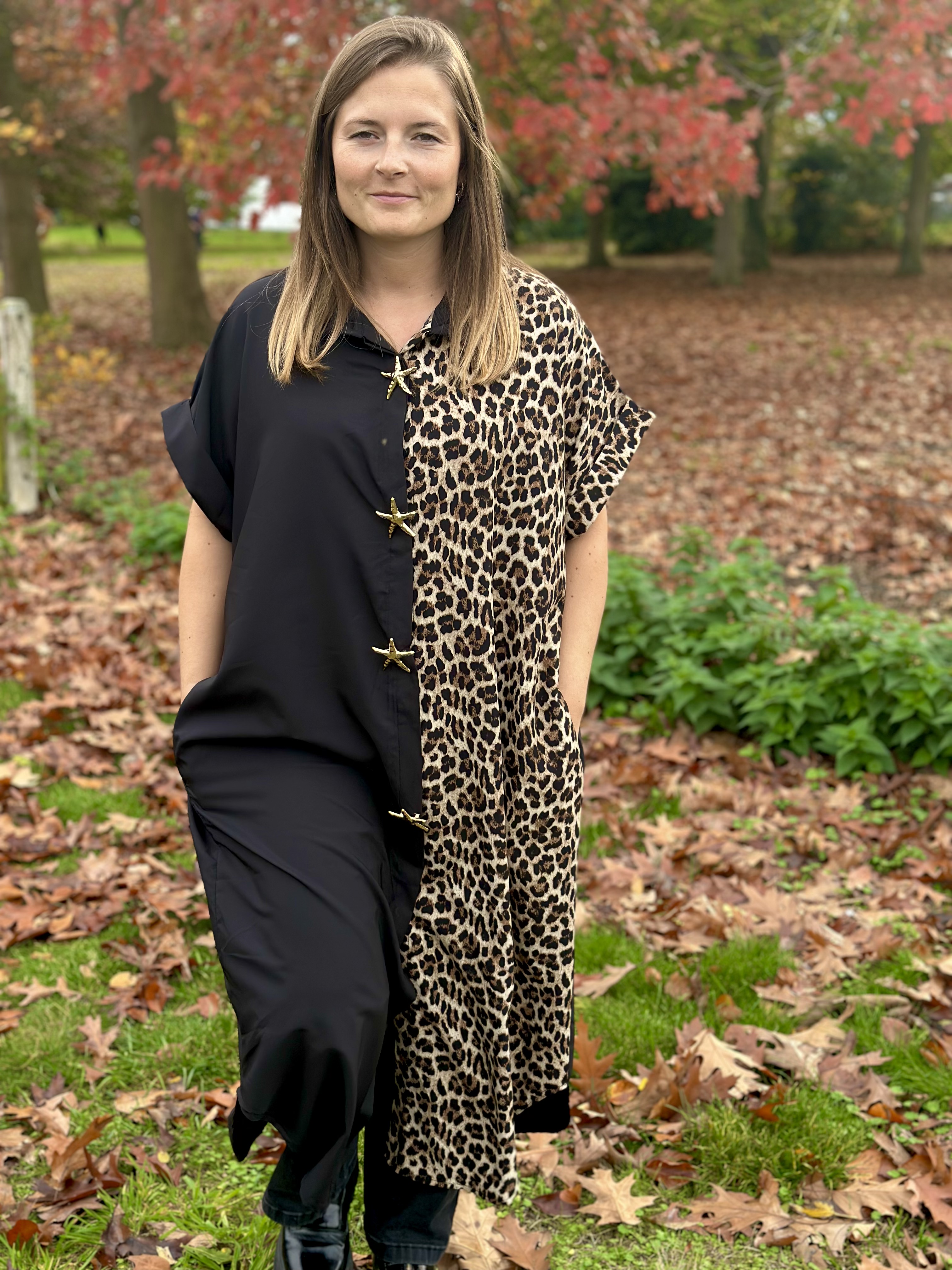 Robe chemise bicolore à imprimé léopard, GT.