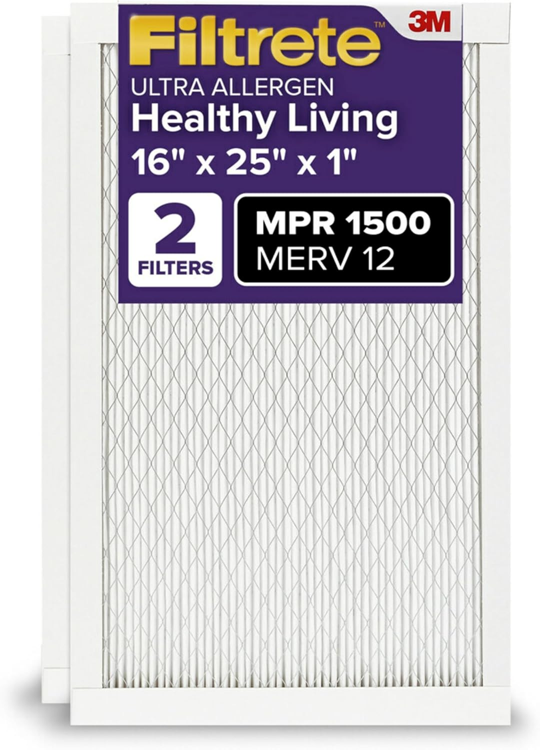 Ottawa Filtrete 16x25x1 Furnace Filter - MPR 1500, MERV 12 | Healthy Living Ultra-Allergen Protection | 3-Month Pleated 1-Inch Air Filters (2-Pack)
