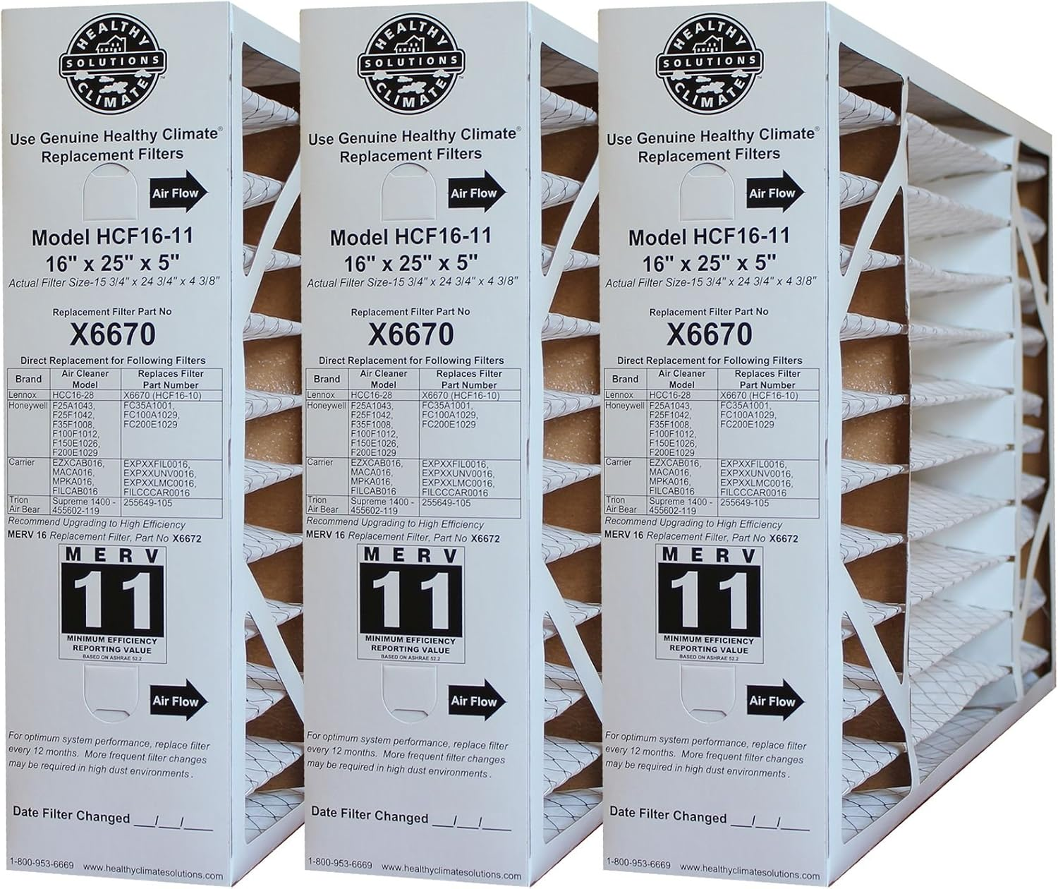 Lennox Healthy Climate MERV 11 Filters, 16x25x5, Pack of 3 – Ideal Air Quality Solution for Ottawa Homes (Actual Size: 15 3/4" x 24 3/4" x 4 3/8")