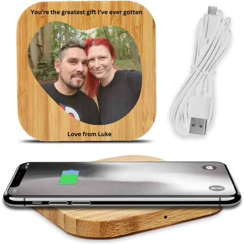 Personalised Bamboo Wireless Charger, Gift for family and friends.