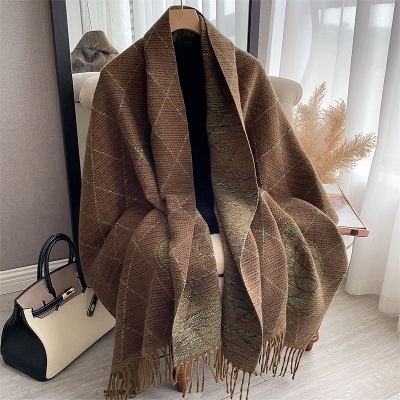 Geometric Print Scarf with Floral Accent in Taupe/Green