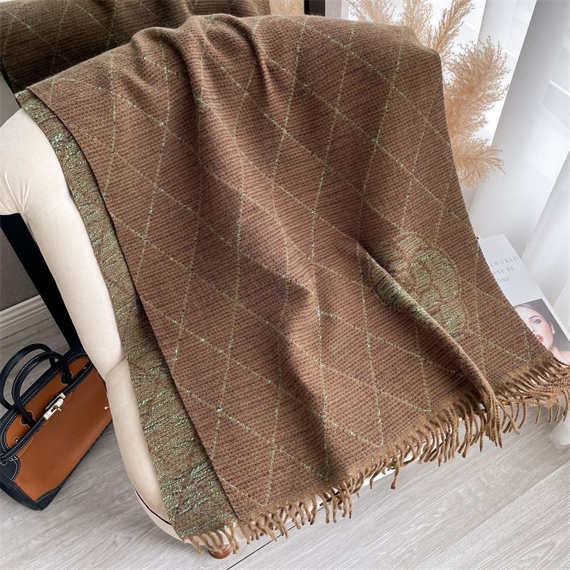 Geometric Print Scarf with Floral Accent in Taupe/Green