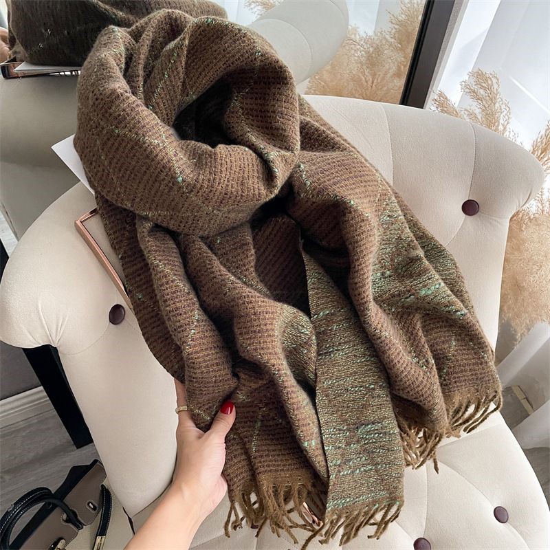Geometric Print Scarf with Floral Accent in Taupe/Green