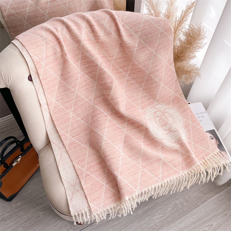 Geometric Print Scarf with Floral Accent in Pink/Cream