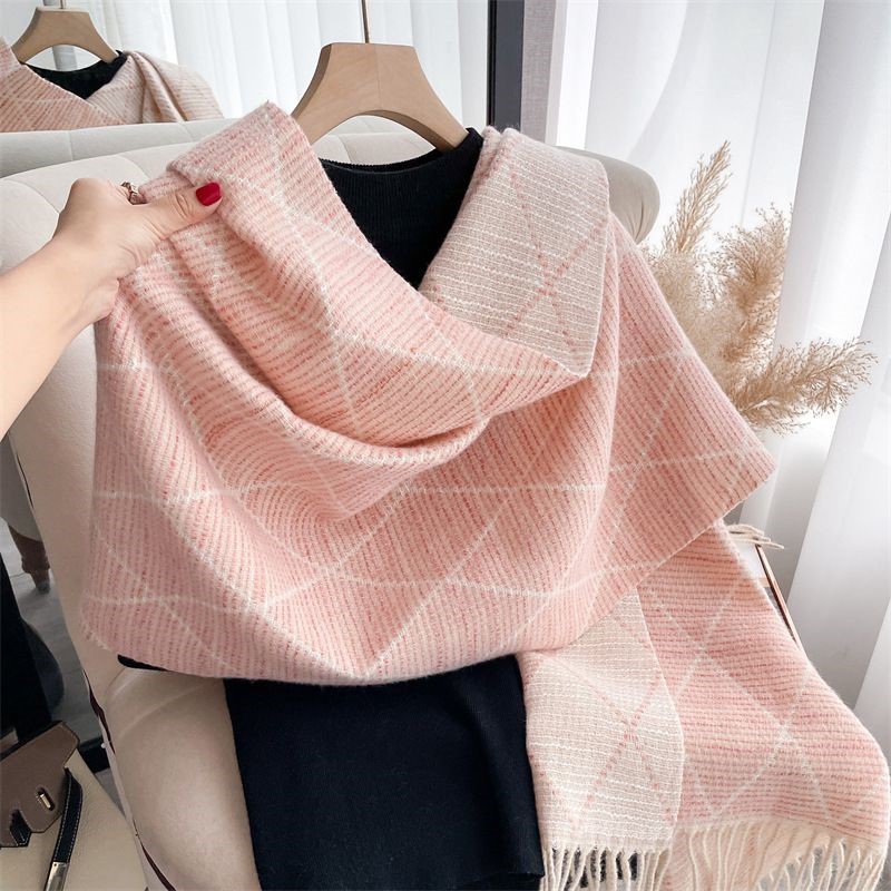 Geometric Print Scarf with Floral Accent in Pink/Cream