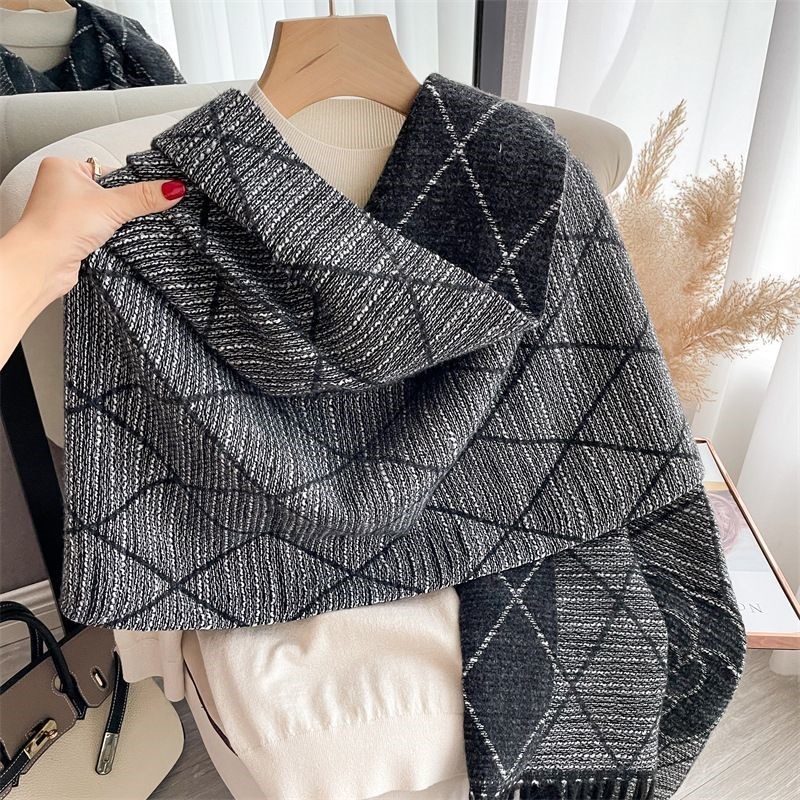 Geometric Print Scarf with Floral Accent in Black/Grey
