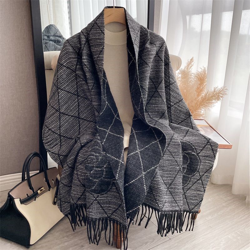 Geometric Print Scarf with Floral Accent in Black/Grey