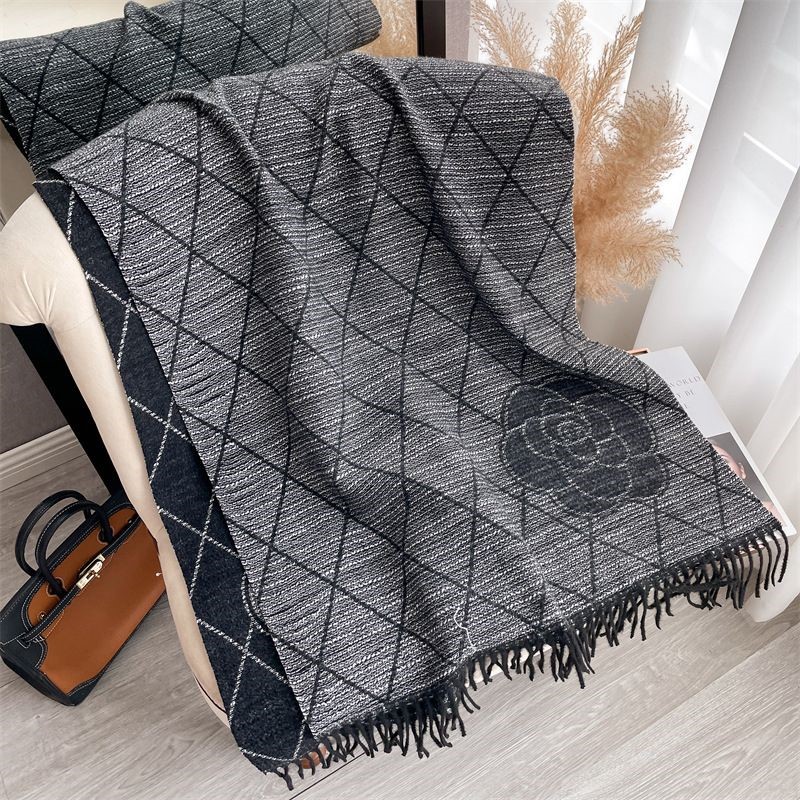 Geometric Print Scarf with Floral Accent in Black/Grey