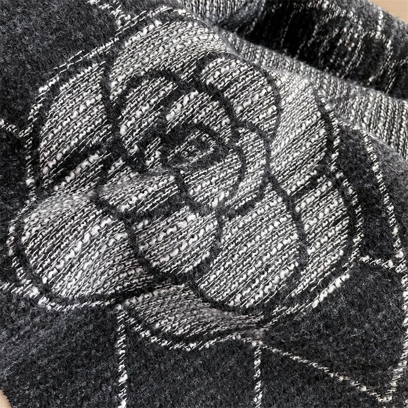 Geometric Print Scarf with Floral Accent in Black/Grey
