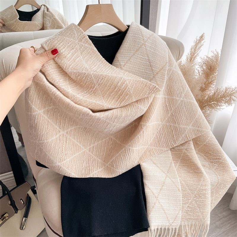 Geometric Print Scarf with Floral Accent in Beige/Cream