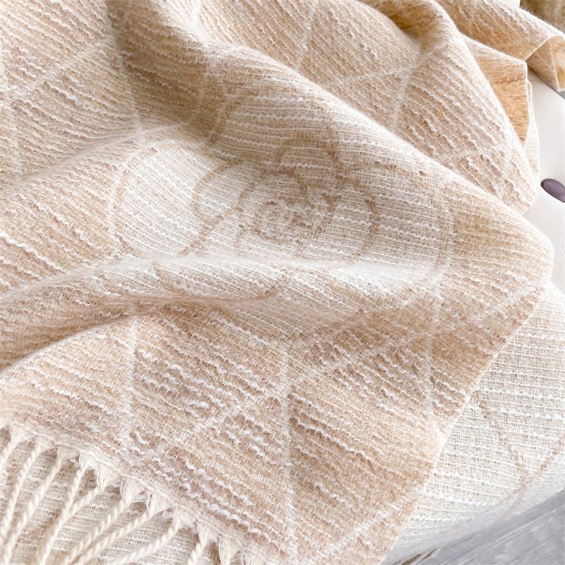 Geometric Print Scarf with Floral Accent in Beige/Cream