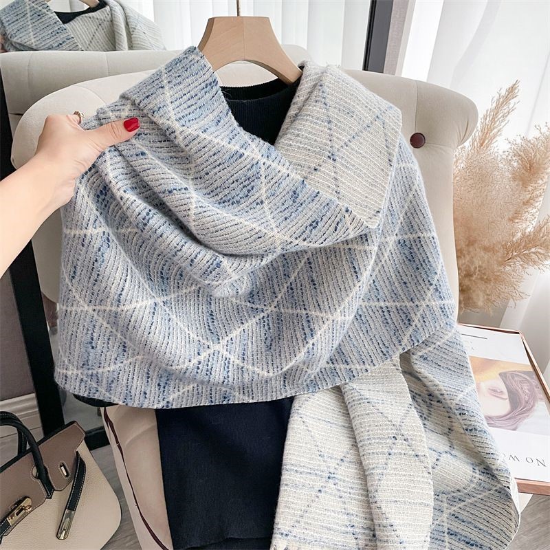 Geometric Print Scarf with Floral Accent in Blue/Cream