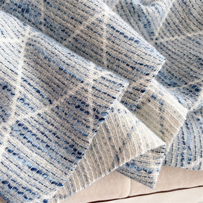 Geometric Print Scarf with Floral Accent in Blue/Cream