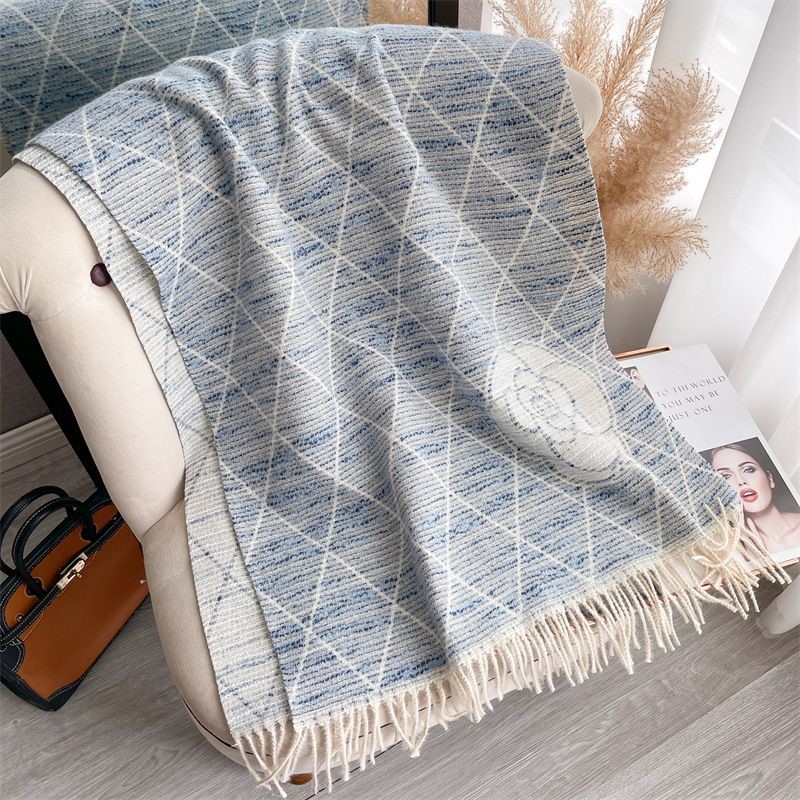 Geometric Print Scarf with Floral Accent in Blue/Cream