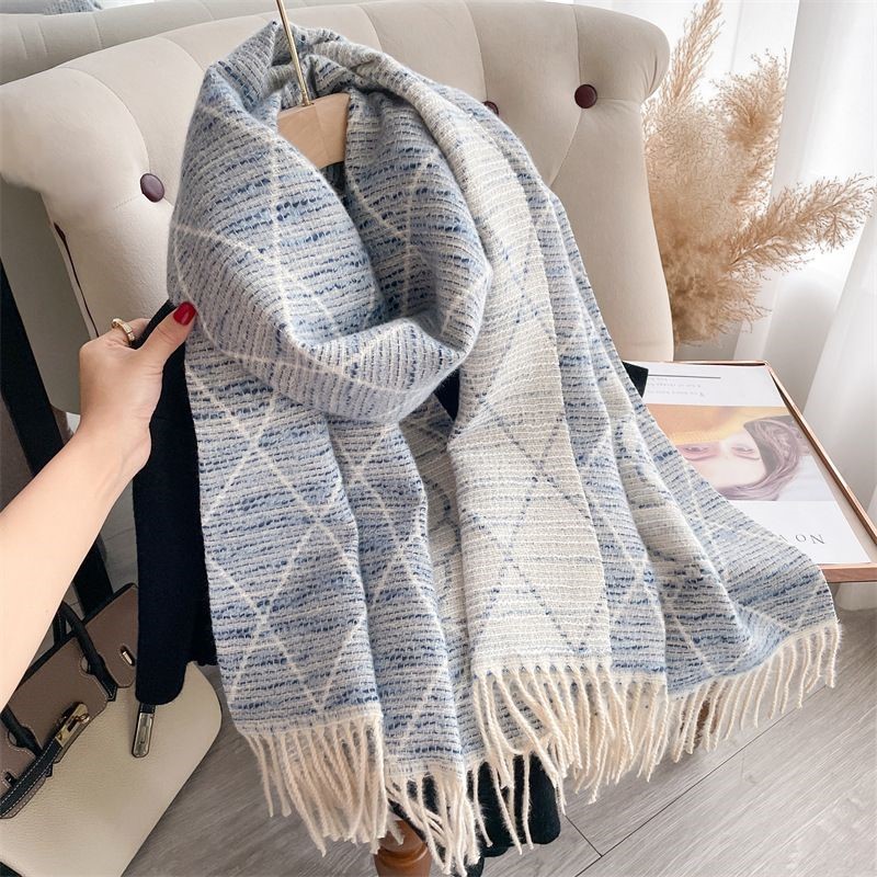 Geometric Print Scarf with Floral Accent in Blue/Cream