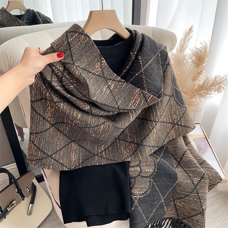 Geometric Print Scarf with Floral Accent in Brown/Black