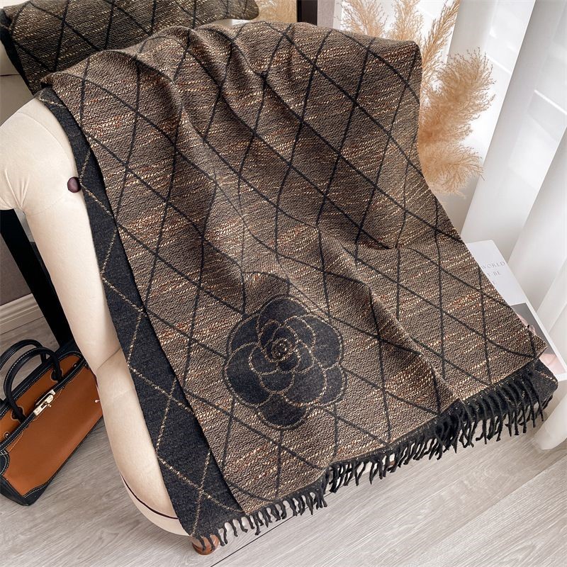 Geometric Print Scarf with Floral Accent in Brown/Black