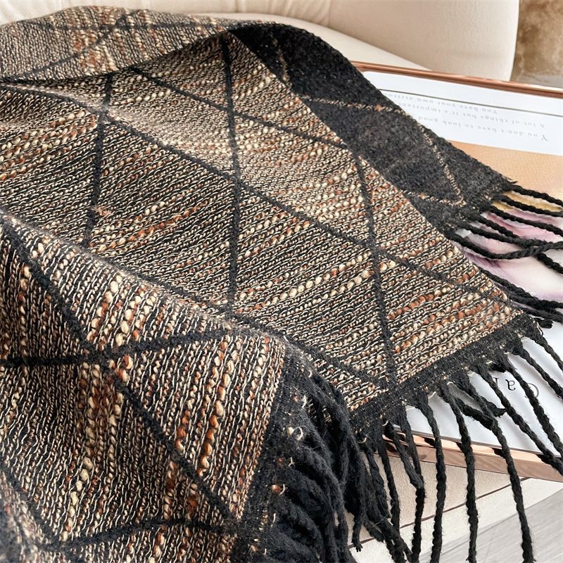 Geometric Print Scarf with Floral Accent in Brown/Black