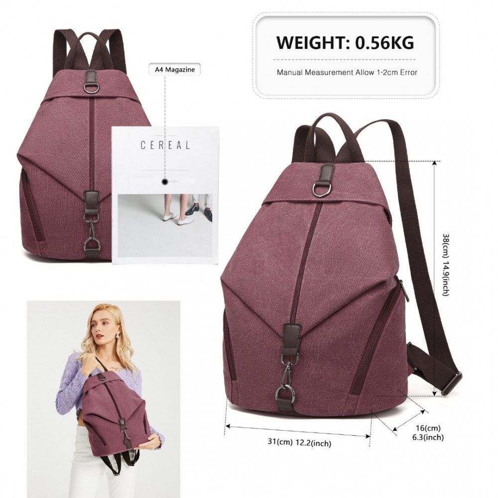 Kono Fashion Anti-Theft Canvas Backpack - This Backpack has a unique anti-theft feature. In Claret.