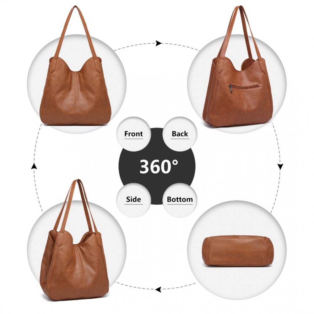 Miss Lulu Soft Leather Multiple Pocket Tote Shoulder Bag - Tan