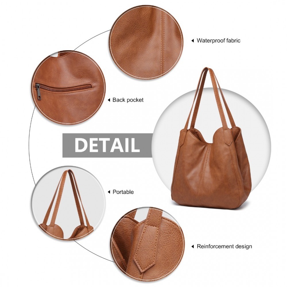 Miss Lulu Soft Leather Multiple Pocket Tote Shoulder Bag - Tan