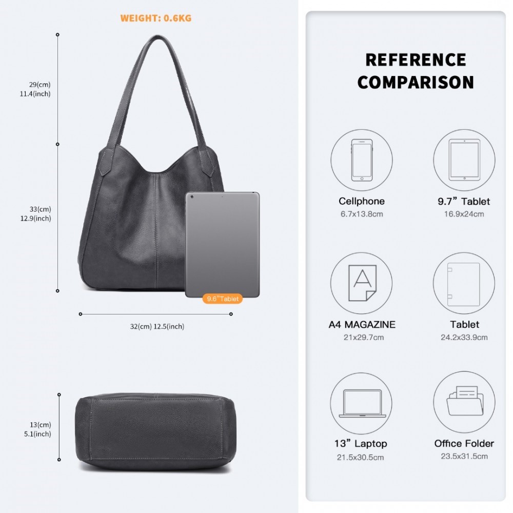 Miss Lulu Soft Leather Multiple Pocket Tote Shoulder Bag - Grey
