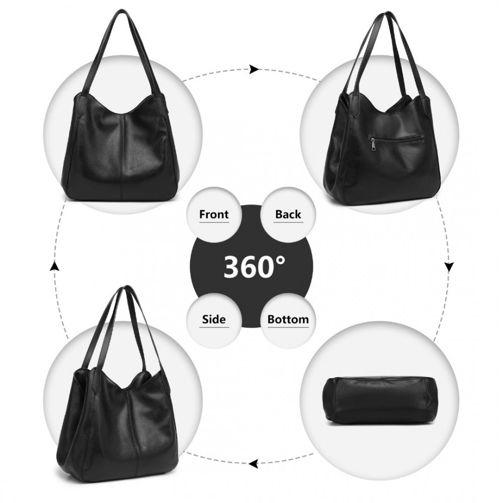 Miss Lulu Soft Leather Multiple Pocket Tote Shoulder Bag - Black