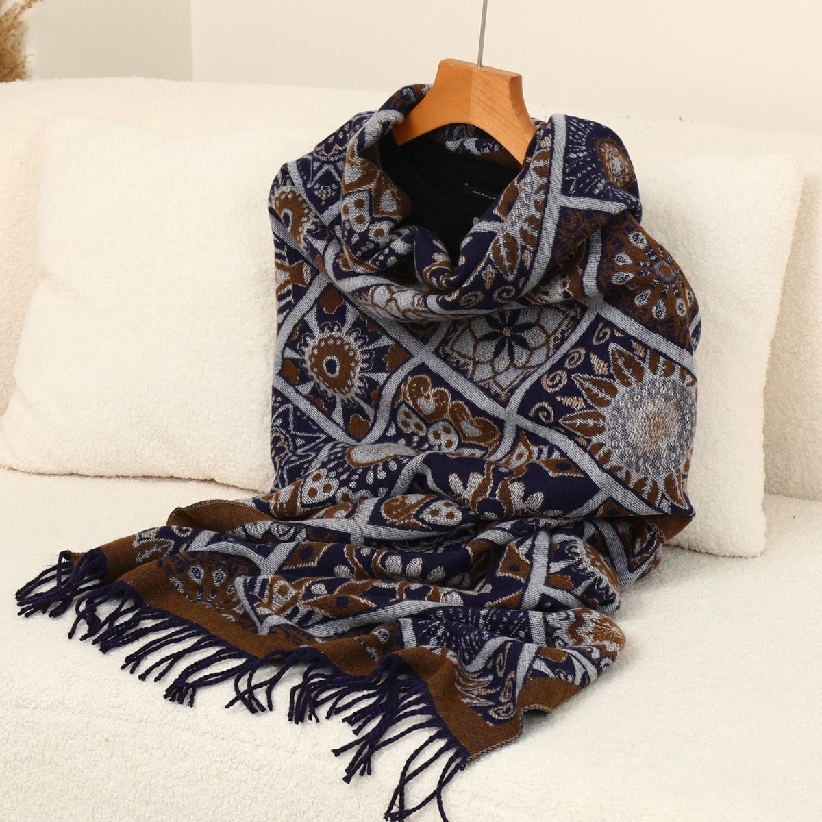 Elegant Bohemian Sunflower Wool mix Scarf in Navy