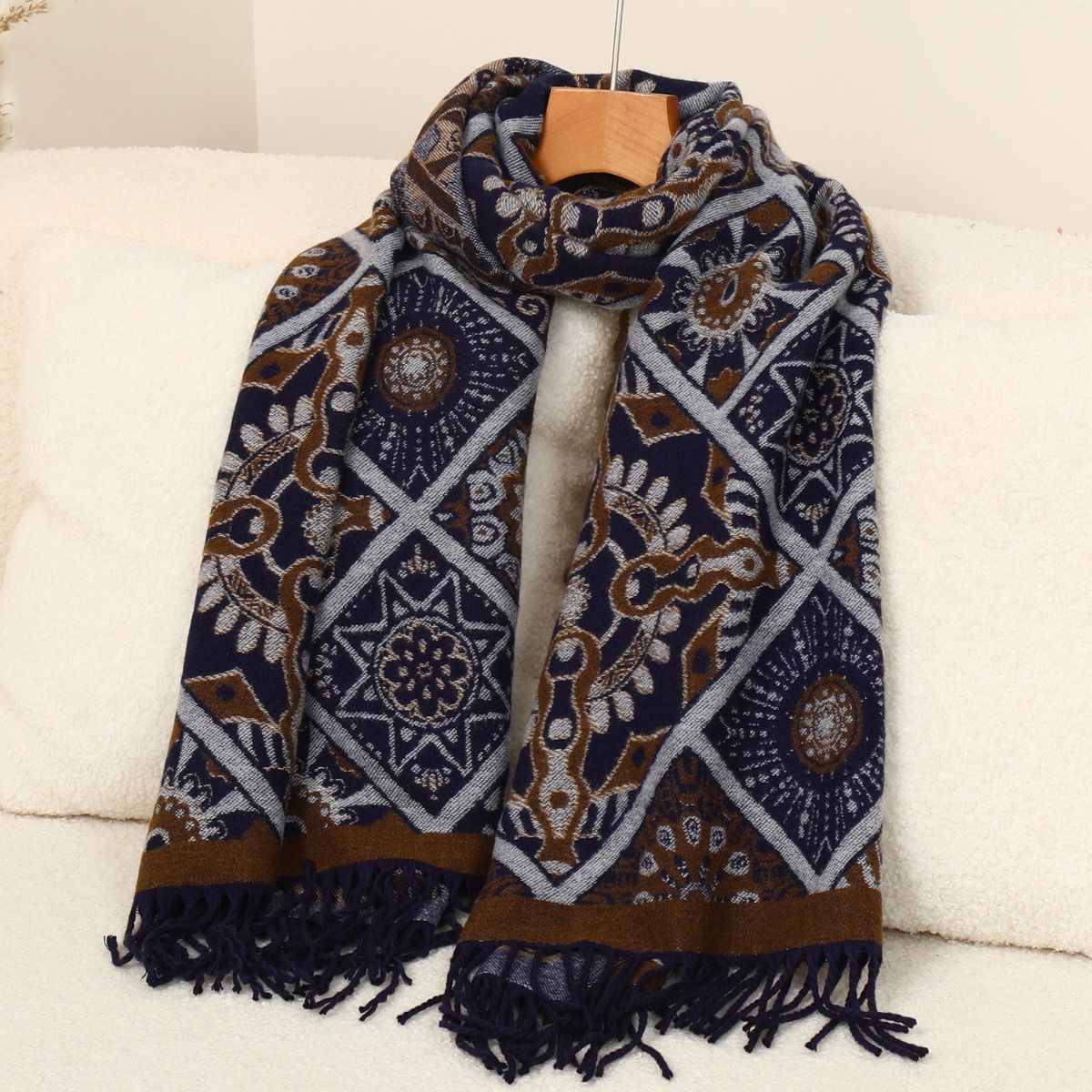 Elegant Bohemian Sunflower Wool mix Scarf in Navy