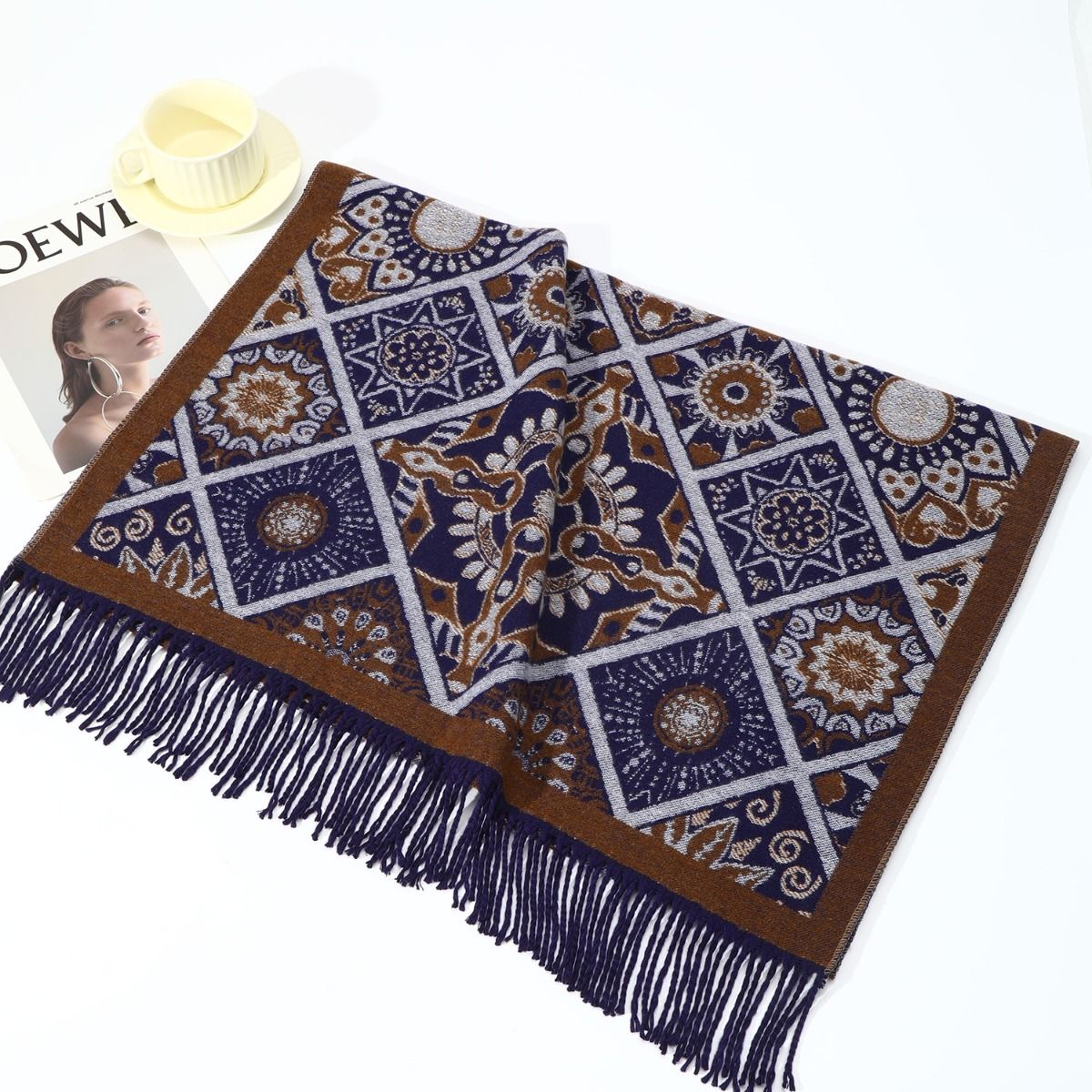 Elegant Bohemian Sunflower Wool mix Scarf in Navy