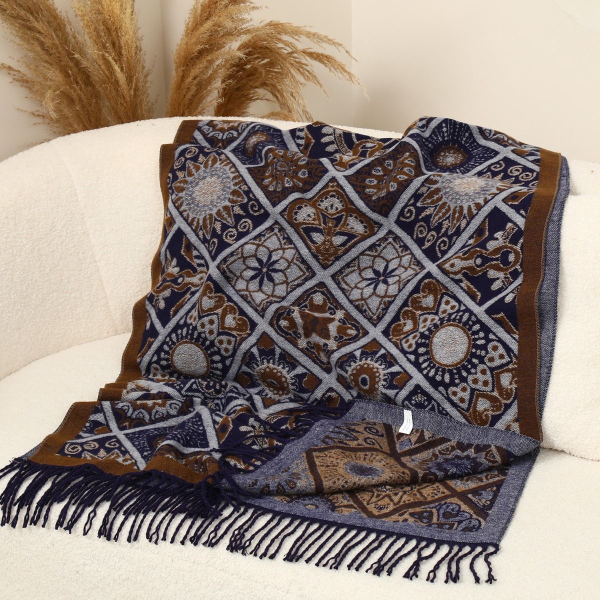 Elegant Bohemian Sunflower Wool mix Scarf in Navy