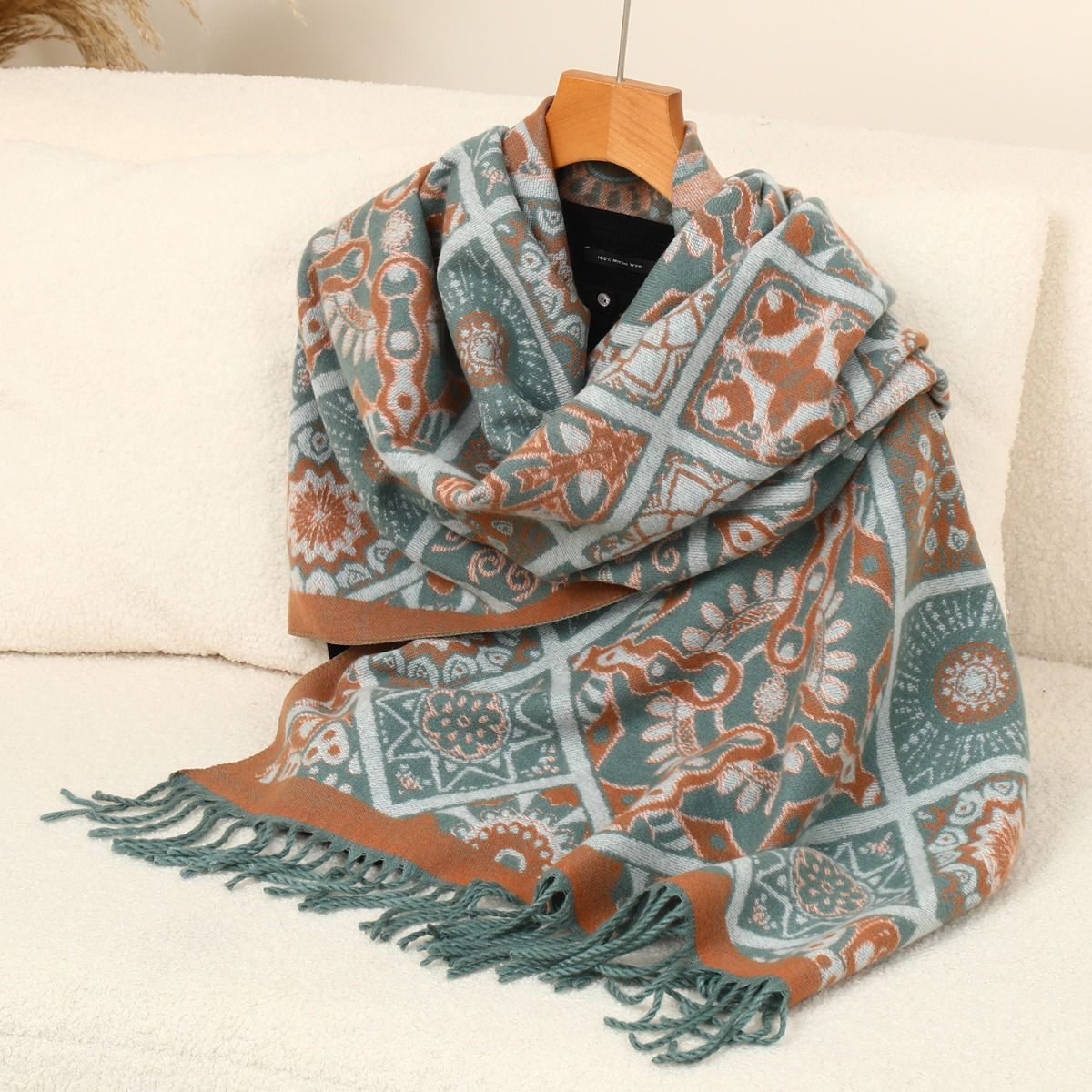 Elegant Bohemian Sunflower Wool mix Scarf in Aqua Blue