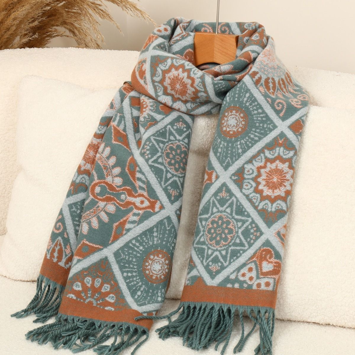 Elegant Bohemian Sunflower Wool mix Scarf in Aqua Blue
