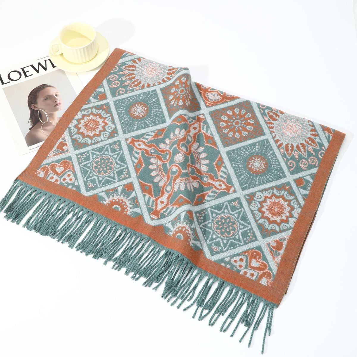 Elegant Bohemian Sunflower Wool mix Scarf in Aqua Blue