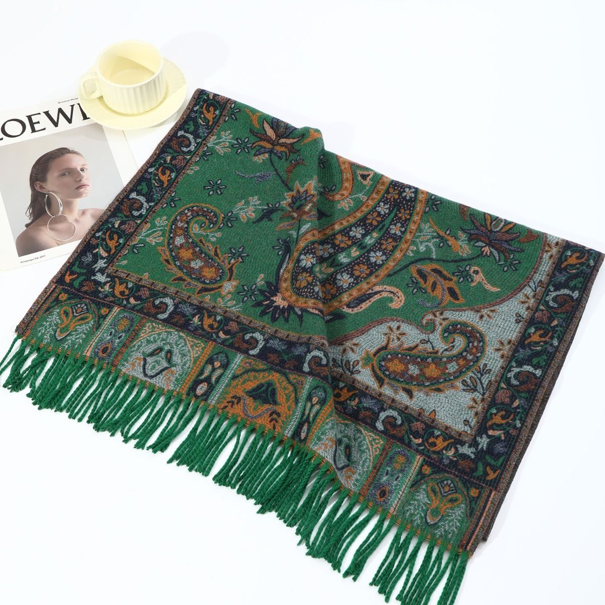 Autumn Breeze Paisley Shawl in Dark Green