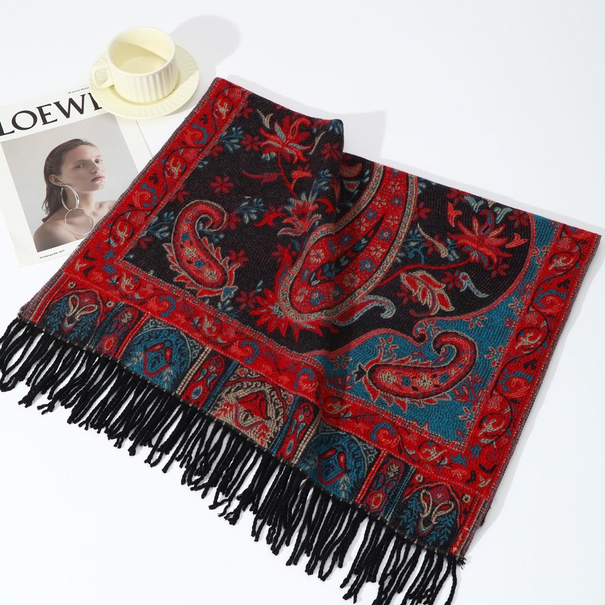 Autumn Breeze Paisley Shawl in Burgundy Red