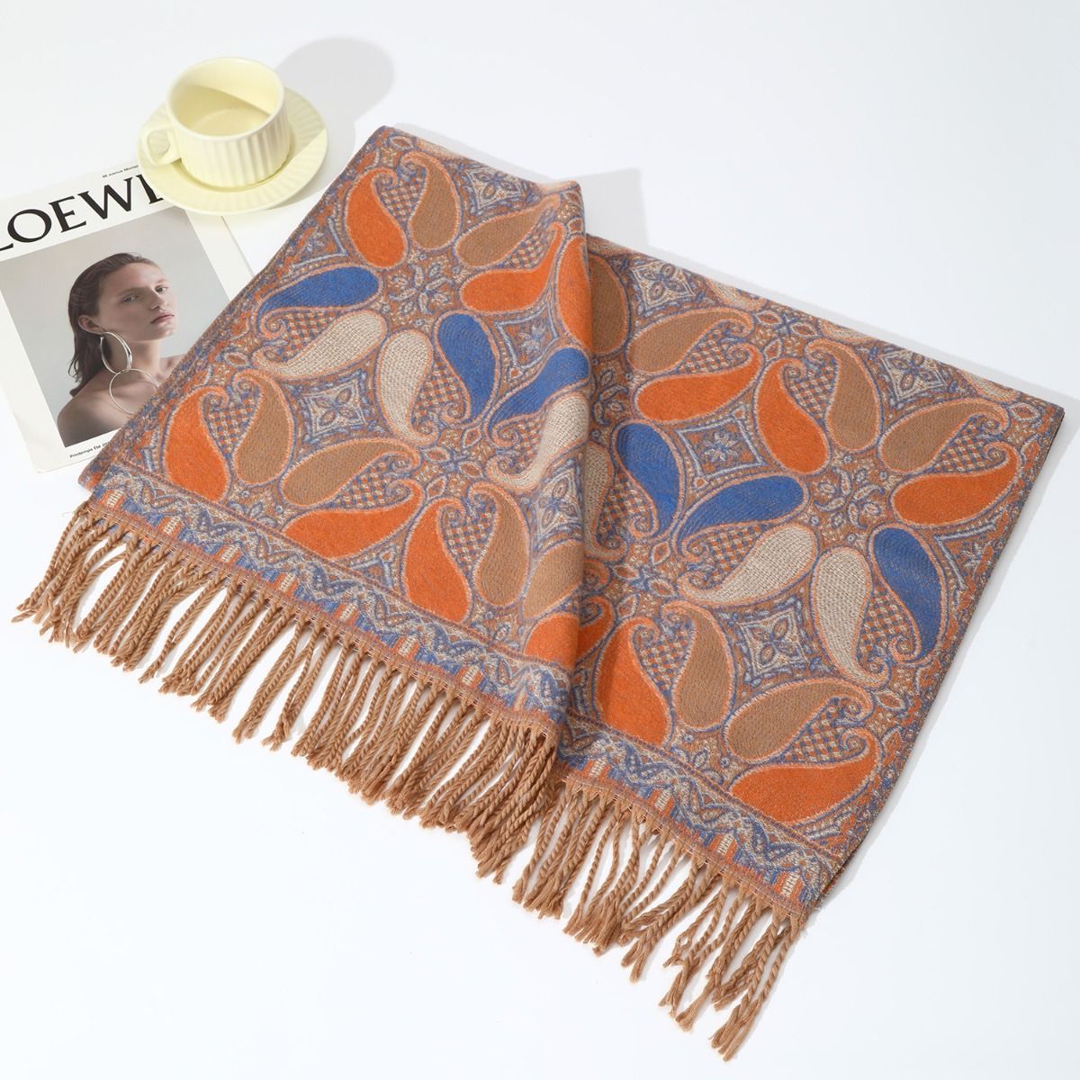 Paisley Teardrops with Tassels Wool Scarf in Orange