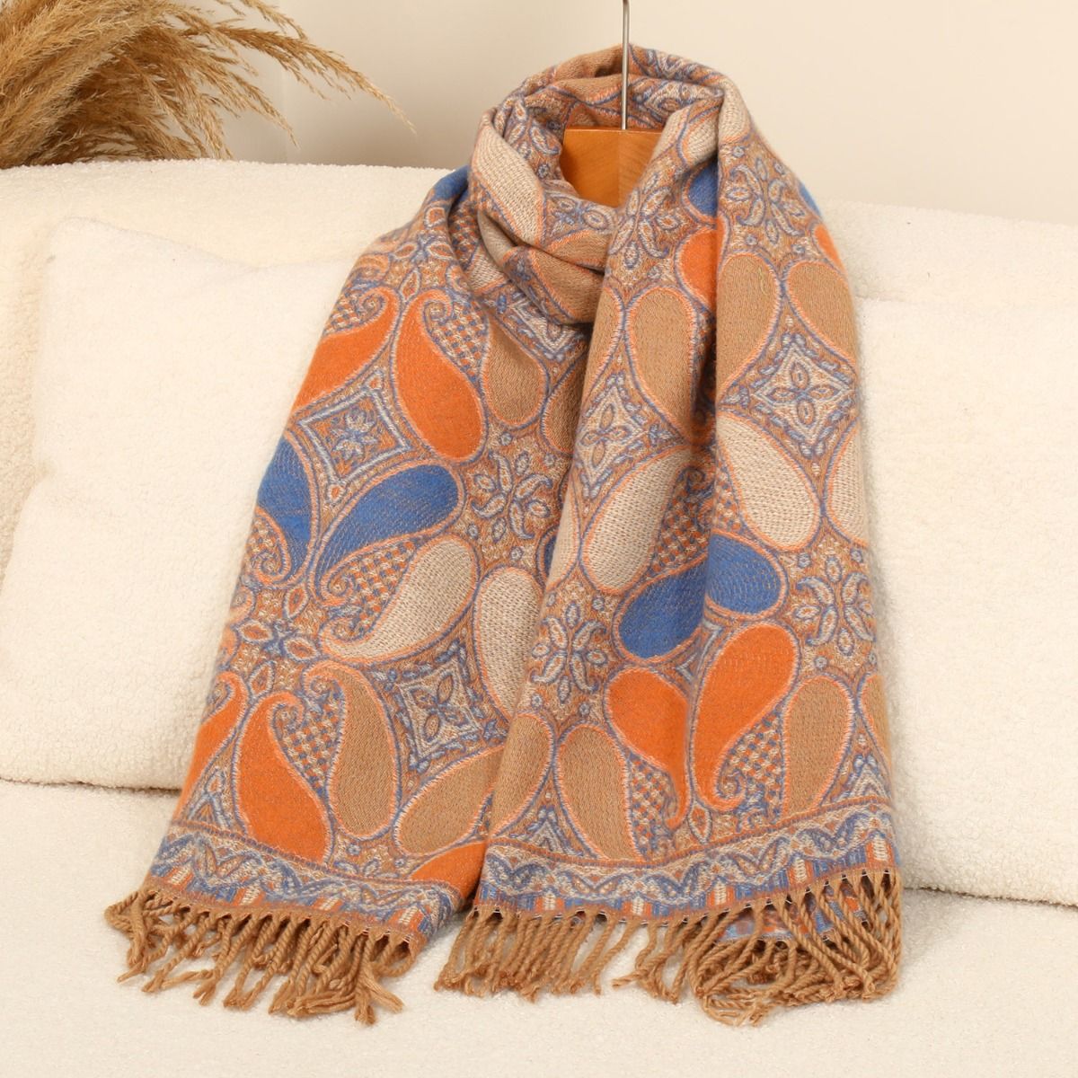 Paisley Teardrops with Tassels Wool Scarf in Orange