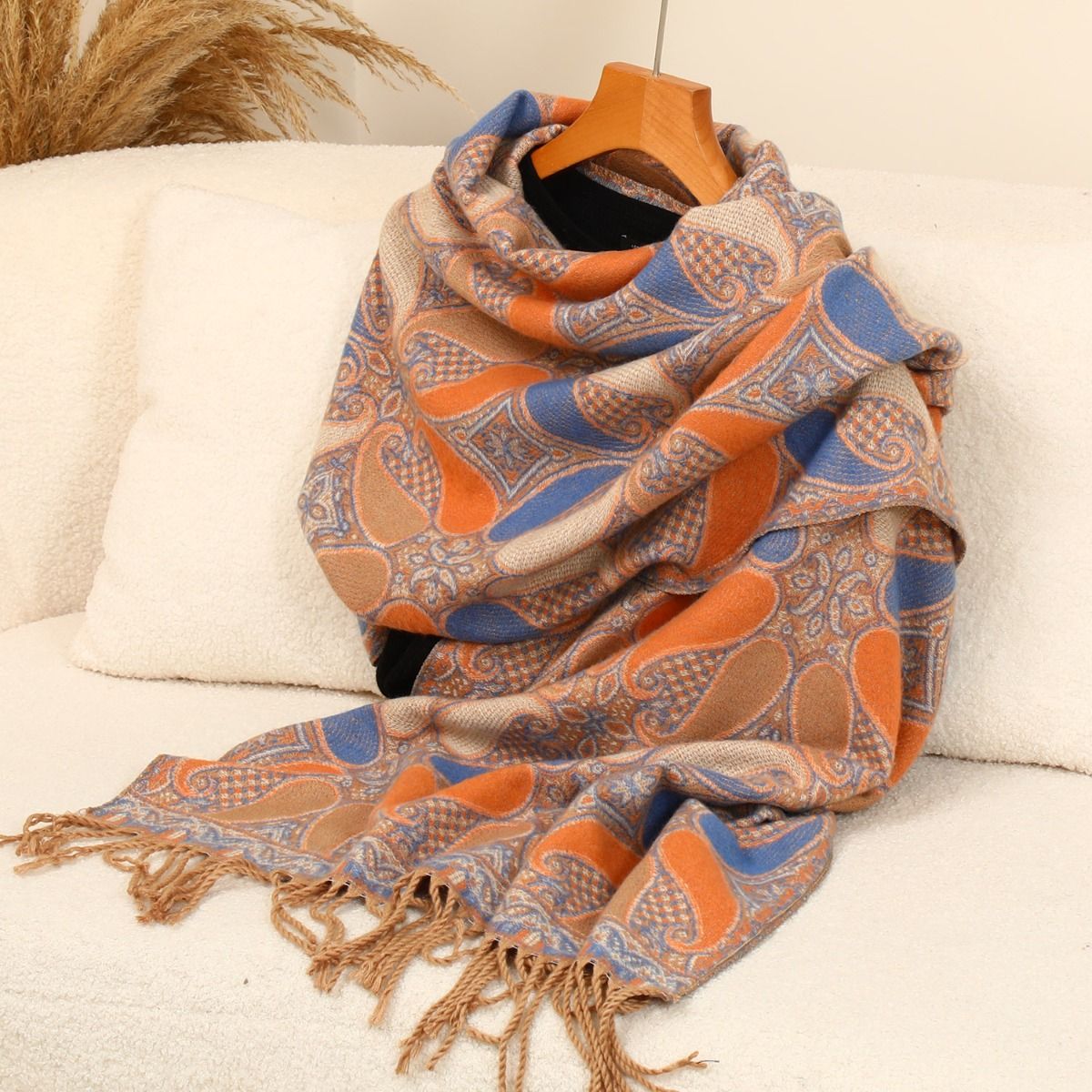 Paisley Teardrops with Tassels Wool Scarf in Orange