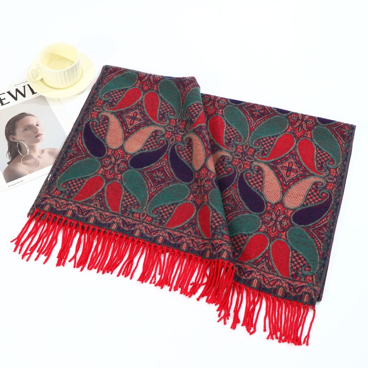 Paisley Teardrops with Tassels Wool Scarf in Red